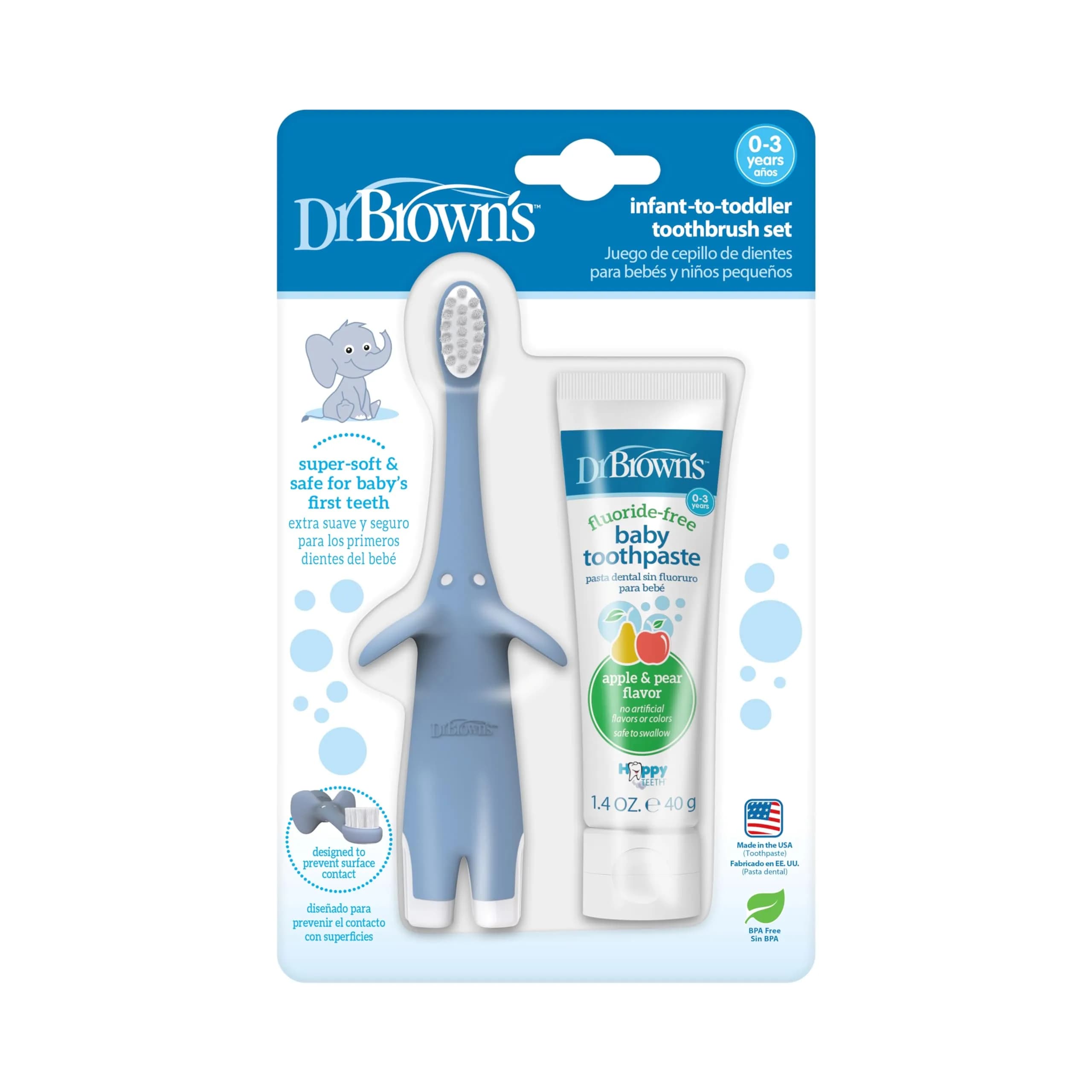 Dr. Brown's Infant-to-Toddler Toothbrush and Toothpaste Set, Blue Elephant, 40g (1.4oz) | BPA-Free, Fluoride-Free Oral Care for Ages 0-3