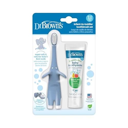 Dr. Brown's Infant-to-Toddler Toothbrush and Toothpaste Set, Blue Elephant, 40g (1.4oz) | BPA-Free, Fluoride-Free Oral Care for Ages 0-3 thumbnail 1
