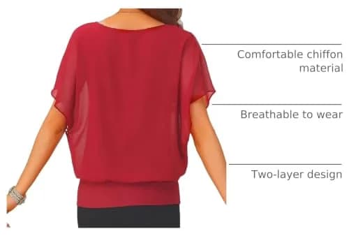 VIISHOW Womens Solid Short Sleeve Boat Neck Dolman Top with Side Shirring Red XL | Breathable, Comfortable, Fashionable thumbnail 4