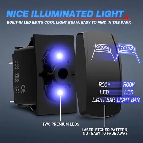 MICTUNING Blue 5-Pin Rocker Switch 20A 12V | SPST On-Off with Jumper Wires & LED Illumination thumbnail 4