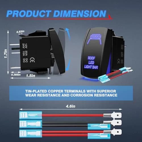 MICTUNING Blue 5-Pin Rocker Switch 20A 12V | SPST On-Off with Jumper Wires & LED Illumination thumbnail 6