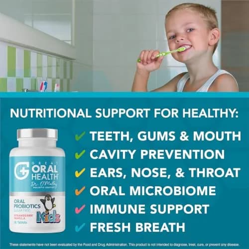 Great Oral Health Strawberry Vanilla Oral Probiotics 30 Chewable Tablets | Dentist Formulated for Kids thumbnail 3