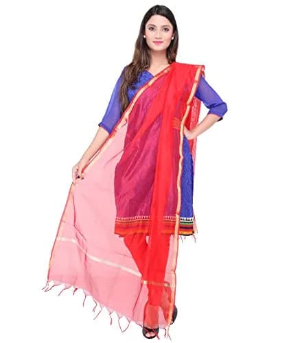 DUPATTA BAZAAR Plain Silk Red Dupatta | Elegant Lightweight Art Silk with Gold Zari Lace thumbnail 1