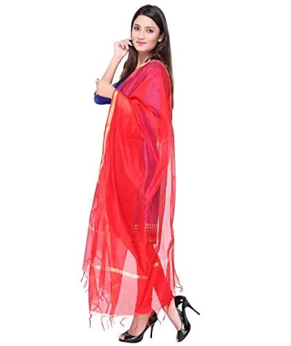 DUPATTA BAZAAR Plain Silk Red Dupatta | Elegant Lightweight Art Silk with Gold Zari Lace thumbnail 2