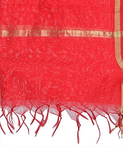DUPATTA BAZAAR Plain Silk Red Dupatta | Elegant Lightweight Art Silk with Gold Zari Lace thumbnail 3