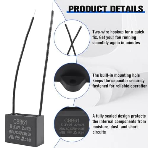 Podoy CBB61 Ceiling Fan Capacitor 8uF 250VAC 2-Wire | UL Listed for Safety thumbnail 4