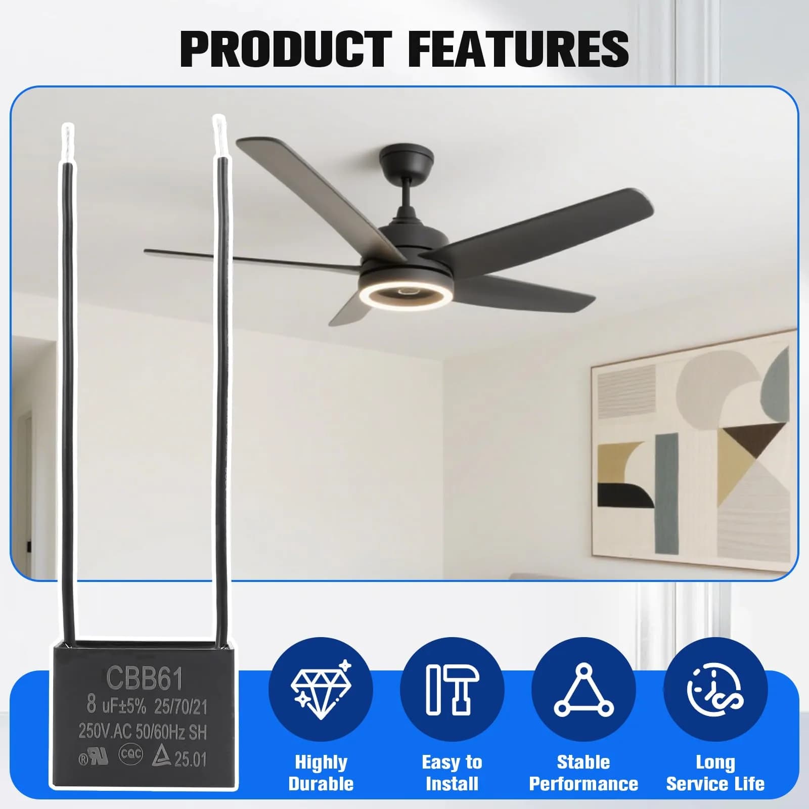 Podoy CBB61 Ceiling Fan Capacitor 8uF 250VAC 2-Wire | UL Listed for Safety - view 5