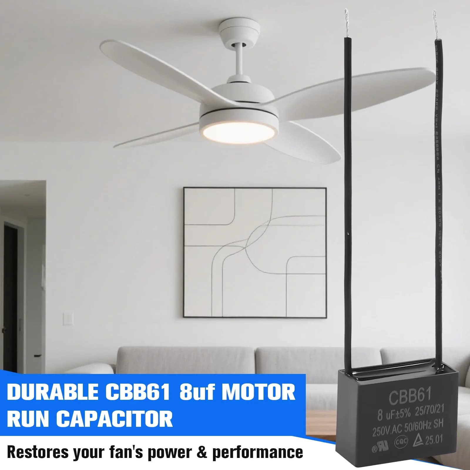 Podoy CBB61 Ceiling Fan Capacitor 8uF 250VAC 2-Wire | UL Listed for Safety - view 7