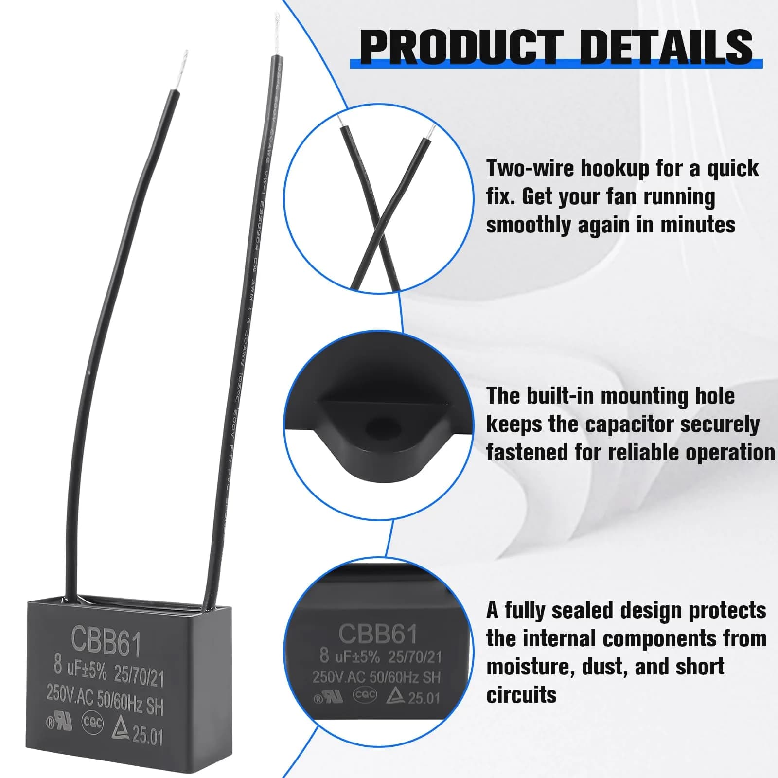 Podoy CBB61 Ceiling Fan Capacitor 8uf Dual Wire | 250VAC for Smooth Fan Operation - view 4