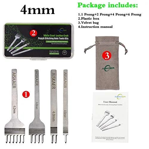 Aiskaer Leather Stitching Punch Set 4mm White Steel 1/2/4/6 Prong | Diamond Chisel Tools for Leather Craft DIY thumbnail 6