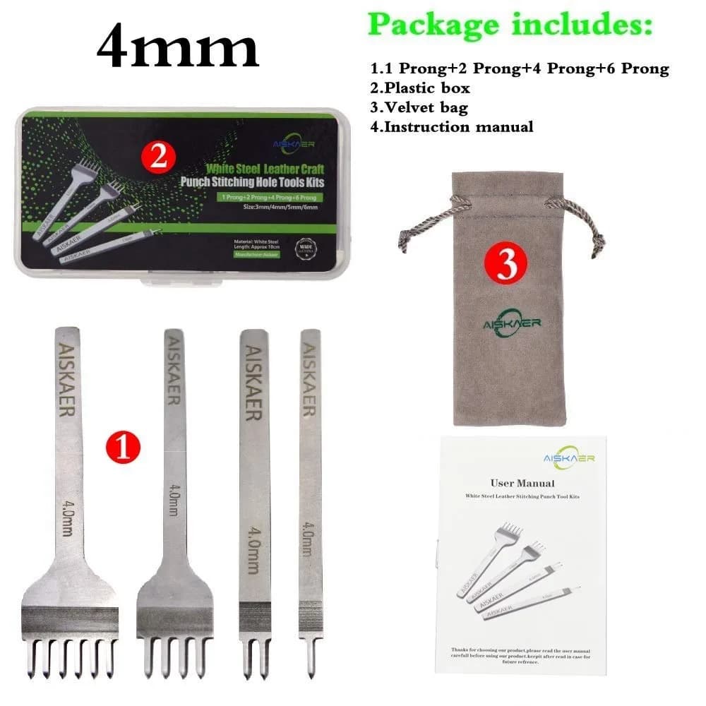 Aiskaer Leather Stitching Punch Set 4mm White Steel 1/2/4/6 Prong | Diamond Chisel Tools for Leather Craft DIY - view 6