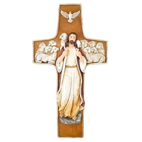 Christian Brands San Giovanni Collection Resin Wall Cross | Good Shepherd Design, 25cm (10") H thumbnail 1