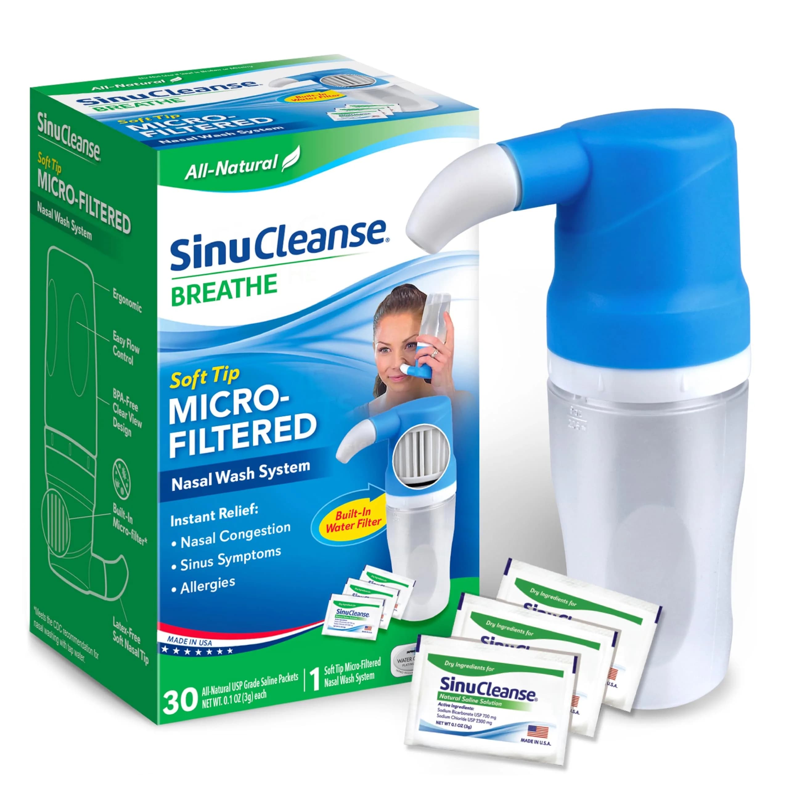SinuCleanse Soft Tip Micro-Filtered Sinus Rinse Kit with 30 Saline Packets | All-Natural Filtered Nasal Wash System Relieves Nasal Congestion - main product image