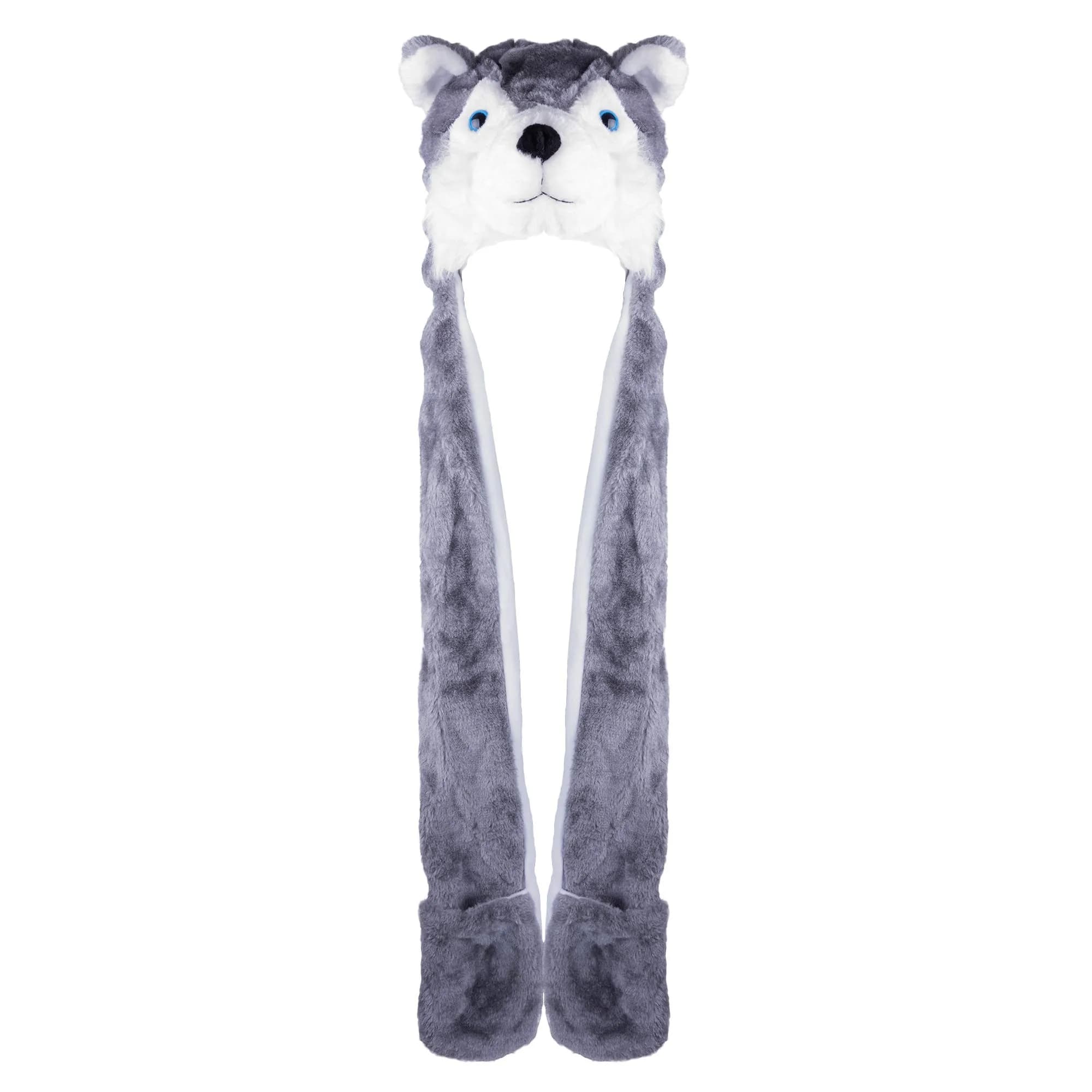 Super Z Outlet Plush Animal Hat in Grey | Cozy Winter Beanie with Attached Mittens & Scarf (7.9in x 9.8in x 4.9in)