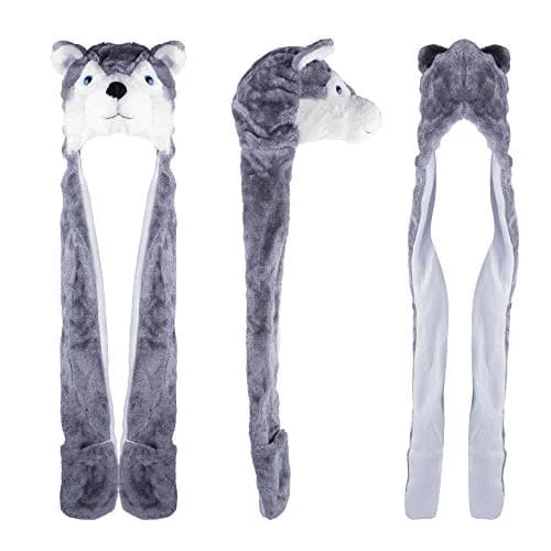 Super Z Outlet Plush Animal Hat in Grey | Cozy Winter Beanie with Attached Mittens & Scarf (7.9in x 9.8in x 4.9in) thumbnail 2