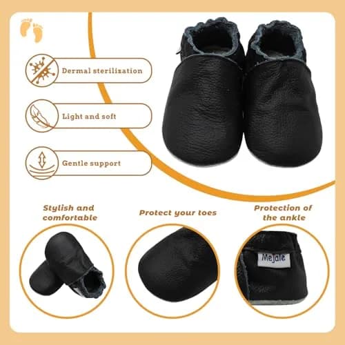 Mejale Baby Boy Moccasins Infant Shoes Toddler Slippers,Black,6-12 Months | Soft Leather, Non-Slip Wide Sole thumbnail 4