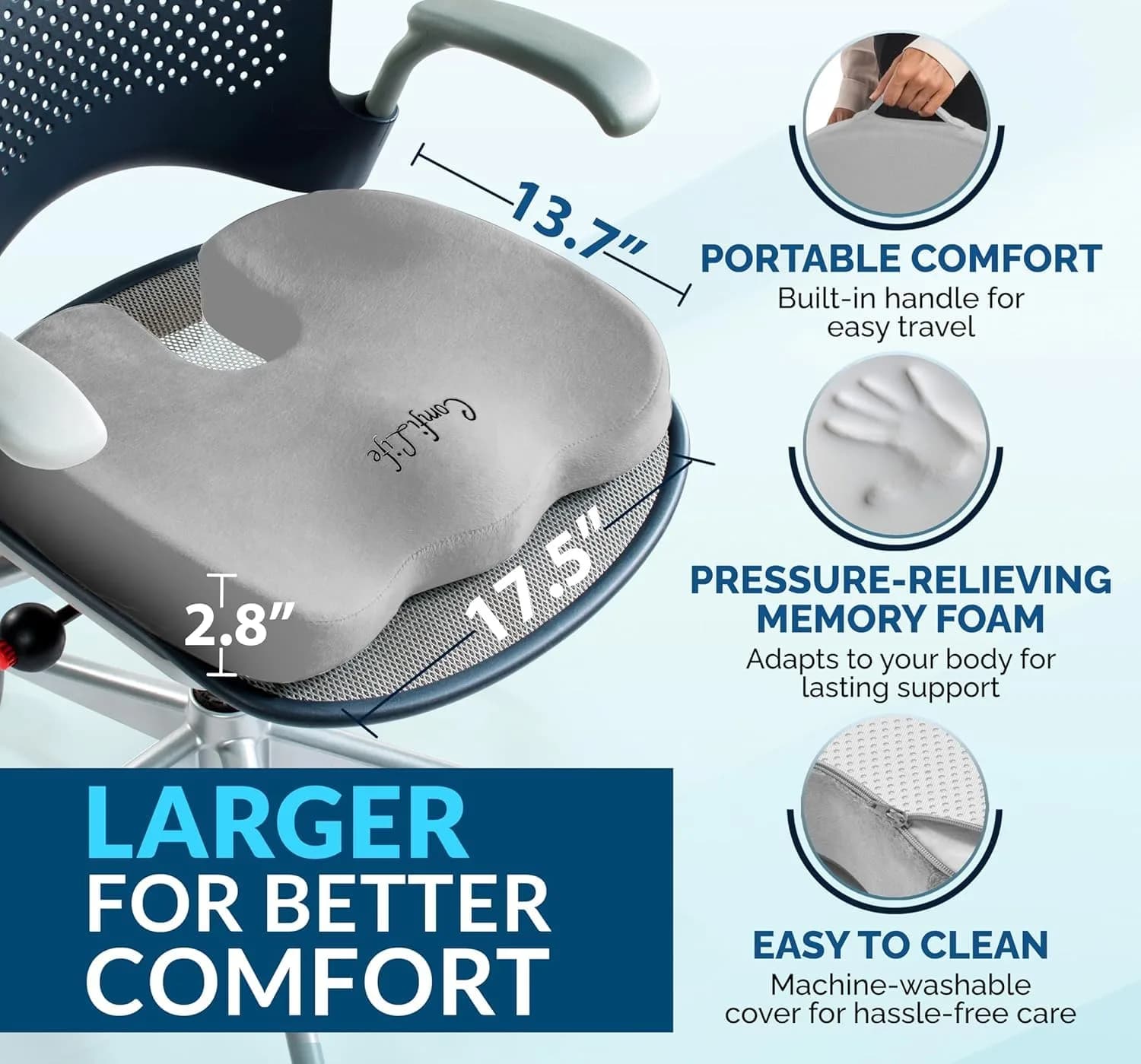 ComfiLife Gel Memory Foam Seat Cushion with U-Shape — 43.9 cm (17.3 in) — Gray - view 6