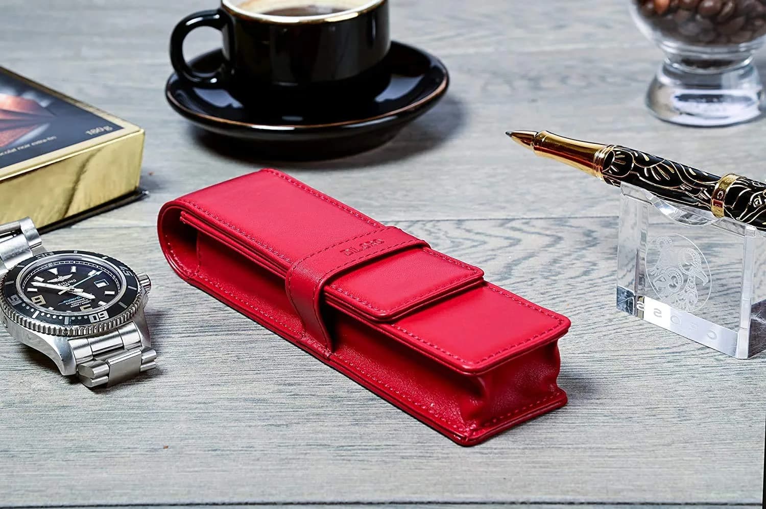 DiLoro Leather Double Pen Case Holder Red | Genuine Full Grain Leather for 2 Pens - view 7