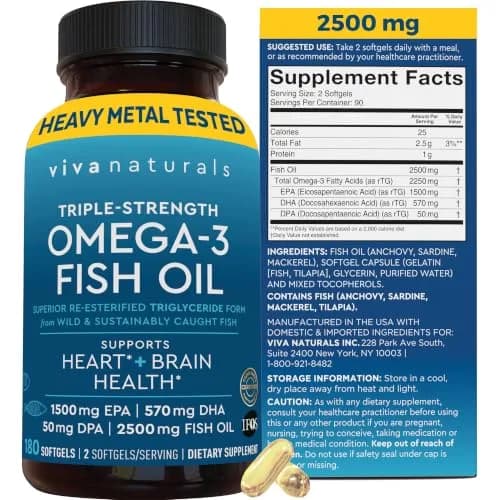 Viva Naturals Omega 3 Fish Oil Supplement 2500 mg | Supports Heart, Brain & Skin Health thumbnail 1