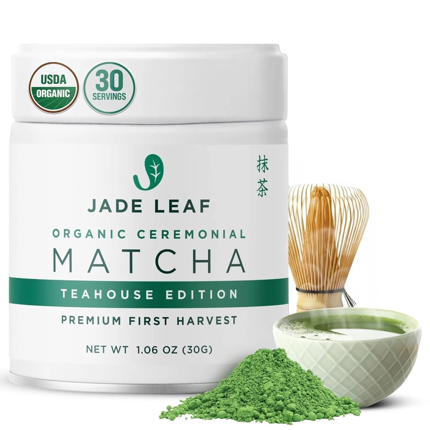 Jade Leaf Ceremonial Grade Matcha Powder, 30g / 1.06oz Tin | First-Harvest Organic Japanese Matcha — Ceremonial Tin