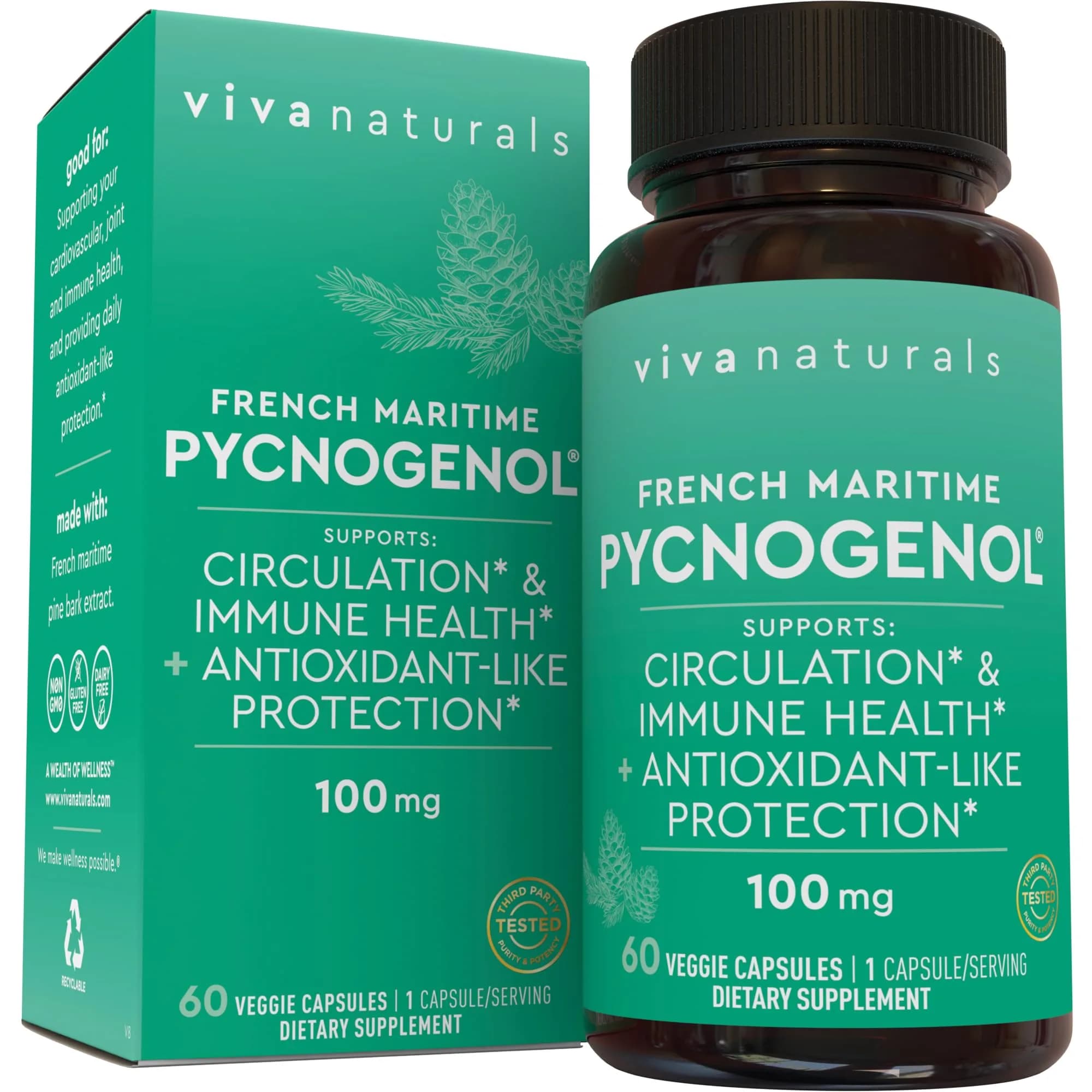 Viva Naturals Pycnogenol 100mg French Maritime Pine Bark Extract Supports Circulation, Joints & Immunity – 60 Veggie Capsules — No Color