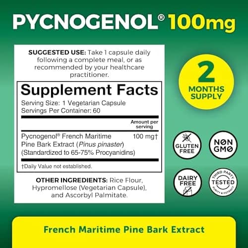 Viva Naturals Pycnogenol 100mg French Maritime Pine Bark Extract Supports Circulation, Joints & Immunity – 60 Veggie Capsules thumbnail 4