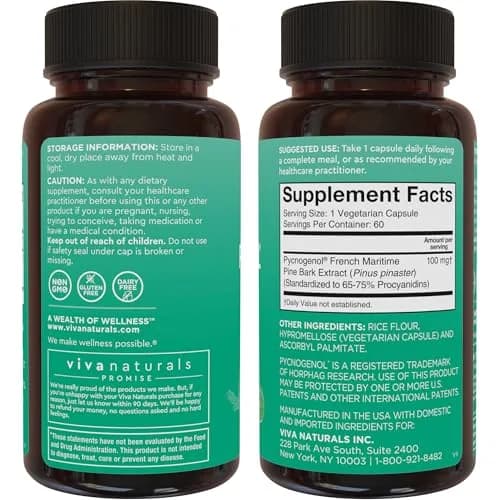 Viva Naturals Pycnogenol 100mg French Maritime Pine Bark Extract Supports Circulation, Joints & Immunity – 60 Veggie Capsules thumbnail 5