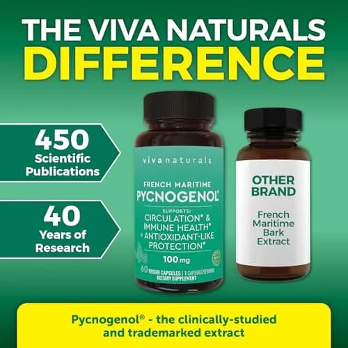 Viva Naturals Pycnogenol 100mg French Maritime Pine Bark Extract Supports Circulation, Joints & Immunity – 60 Veggie Capsules thumbnail 2