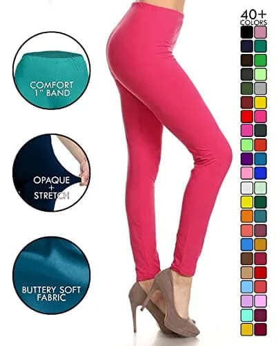 Leggings Depot Womens 1" Waistband High Waisted Solid Leggings Pants (Full Length, Fuchsia, One Size) | Soft, Stretchy & Comfortable thumbnail 3