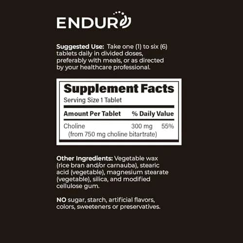 Endurance Products ENDUR Choline L(+) Bitartrate 300mg | Sustained Release, 200 Tablets for Brain & Prenatal Support thumbnail 6