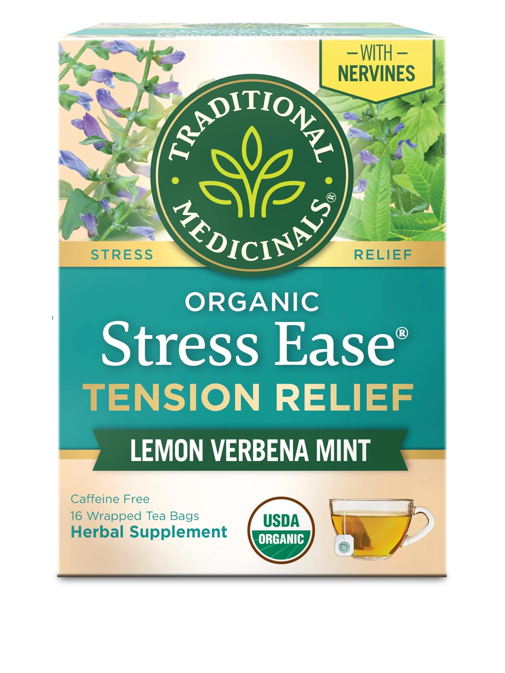 Traditional Medicinals Organic Chamomile with Lavender Herbal Tea 16 Tea Bags (Pack of 1) | Calms Nervous System — No Color
