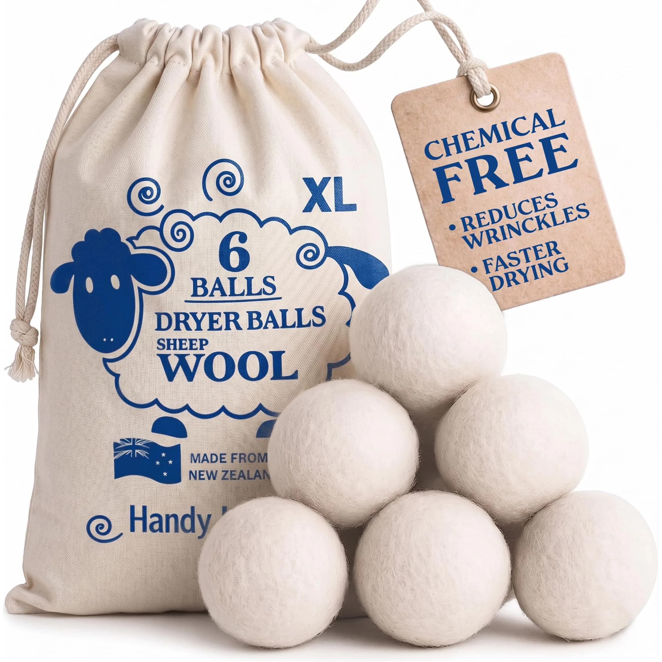 Handy Laundry Wool Dryer Balls 6-Pack, Reusable Natural Fabric Softener | 270 g (0.6 lb) — 6-Pack