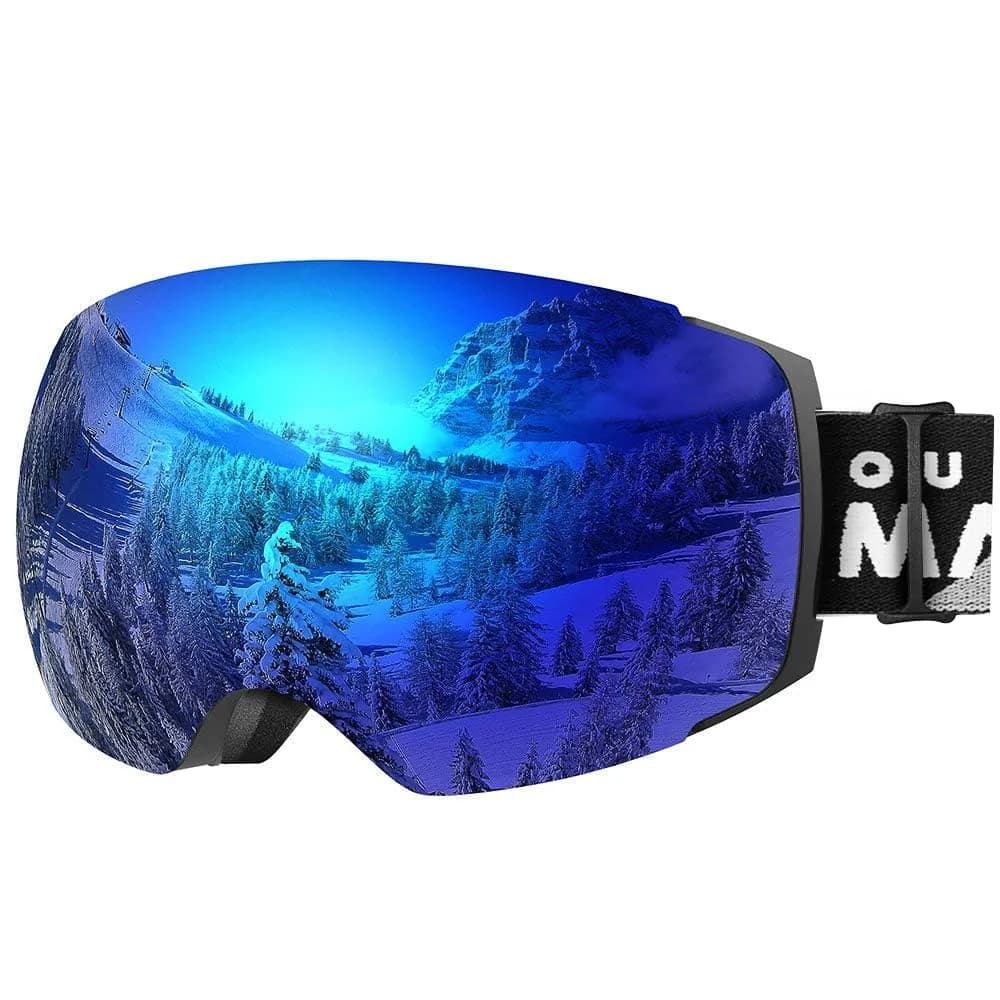 OutdoorMaster Ski Goggles PRO OTG Snow Goggles with Interchangeable Lens 19.6cm (7.7in) | Frameless Wide View — A2-blackframe Revobluelens Vlt15%