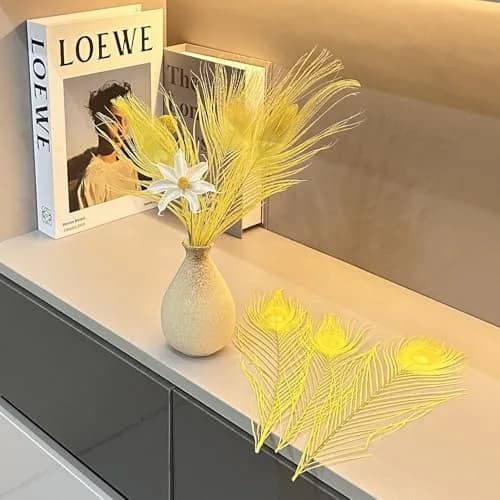 Shekyeon Natural Peacock Feathers, 10-12 Inch (25-30cm) Bleached Plume, Pack of 10 (Yellow) | Wedding & Table Centerpiece Craft Supply thumbnail 4