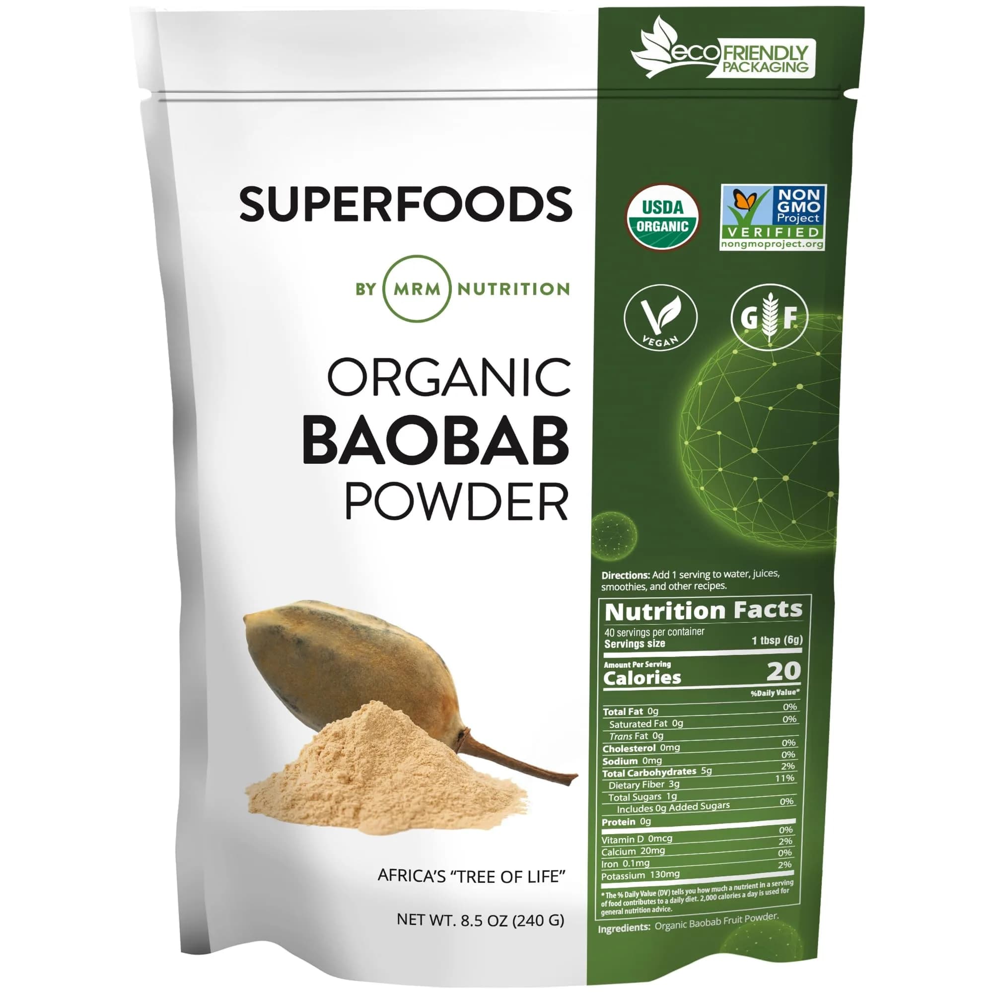 MRM Organic Baobab Powder 240g (8.5 oz) | USDA Organic Superfood for Digestive & Immune Support — No Color