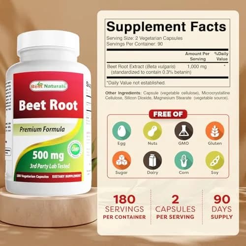 Best Naturals Beet Root Powder 500 Mg Capsules | 180 Count | Rich in Betanin & Vitamins, Supports Energy & Gut Health thumbnail 2