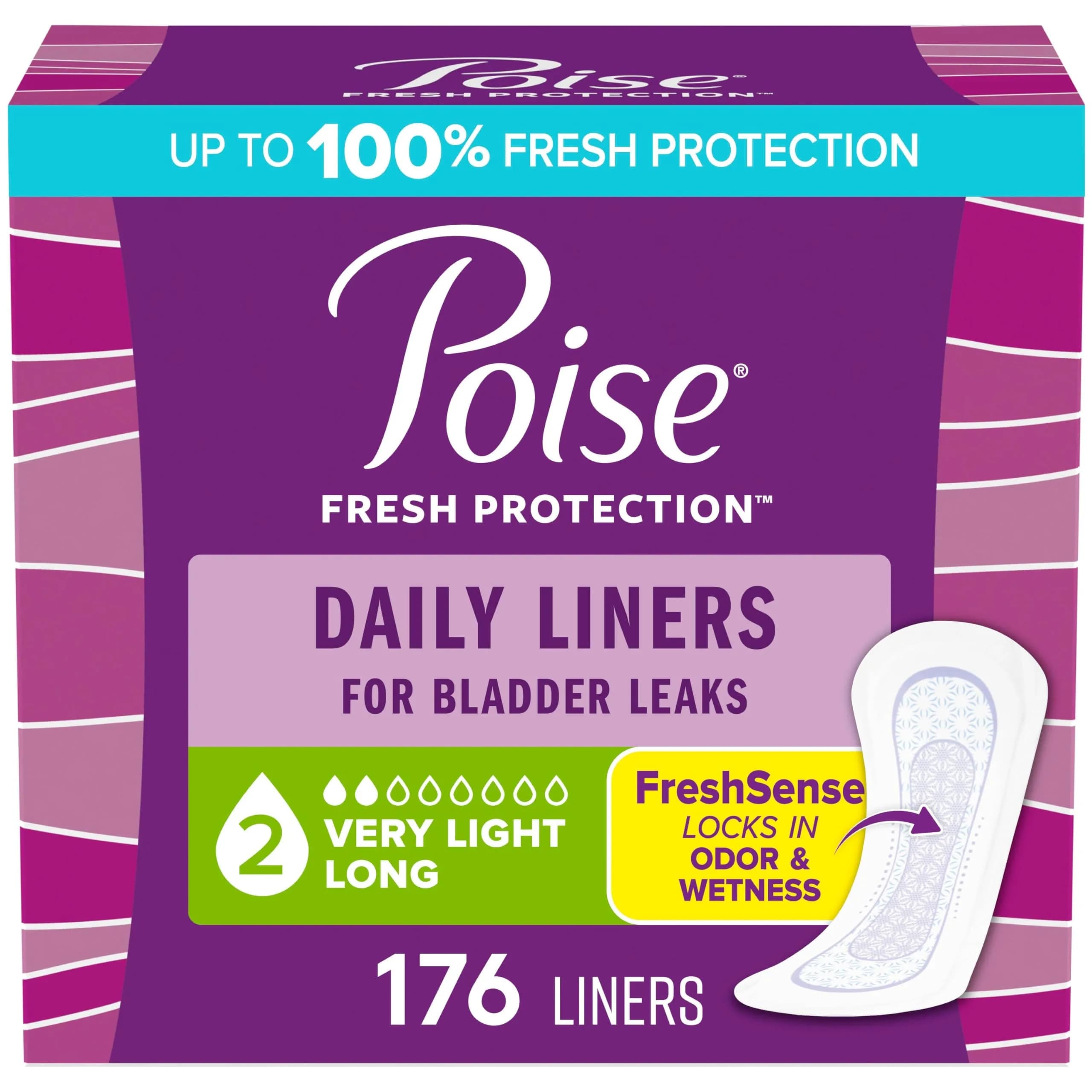Poise Daily Liners Incontinence Panty Liners Long 176 ct | Ultra-Absorbent, Odor Control, Thin & Stay in Place