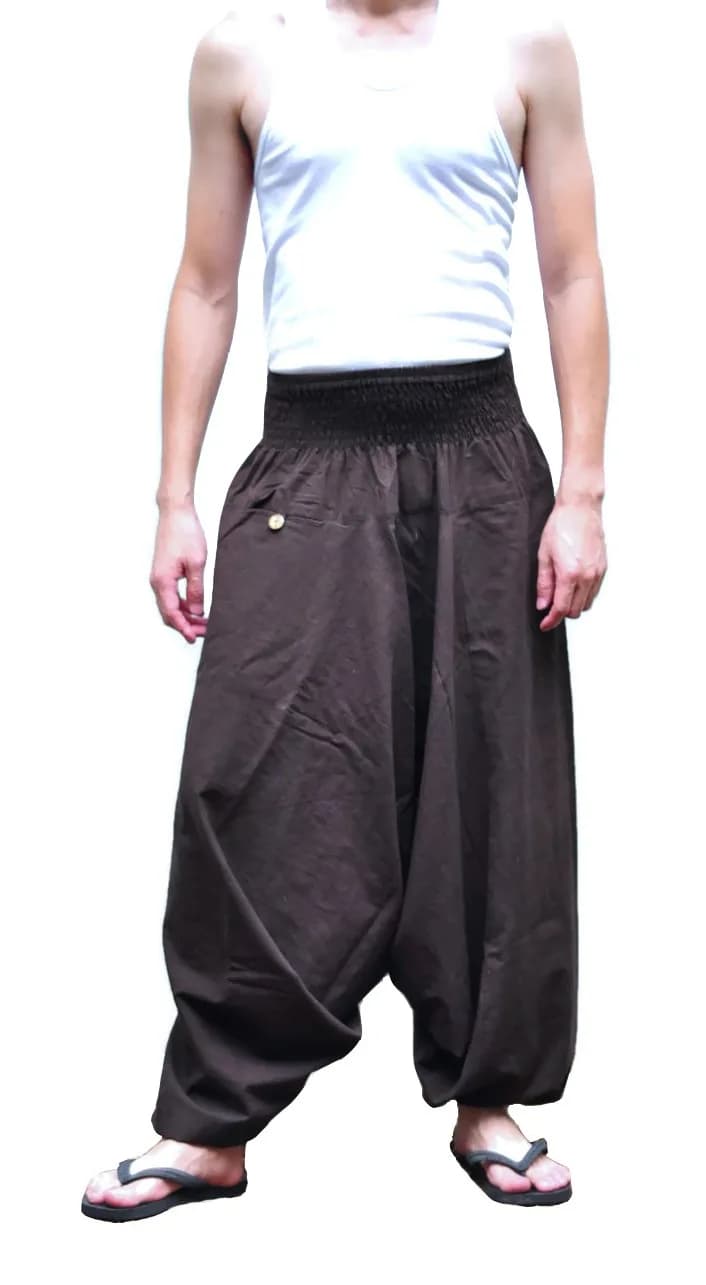 Siam Trendy Red Pant | Unisex Baggy Yoga Hippie Boho Aladdin Pants (One Size, Cotton) — Brown