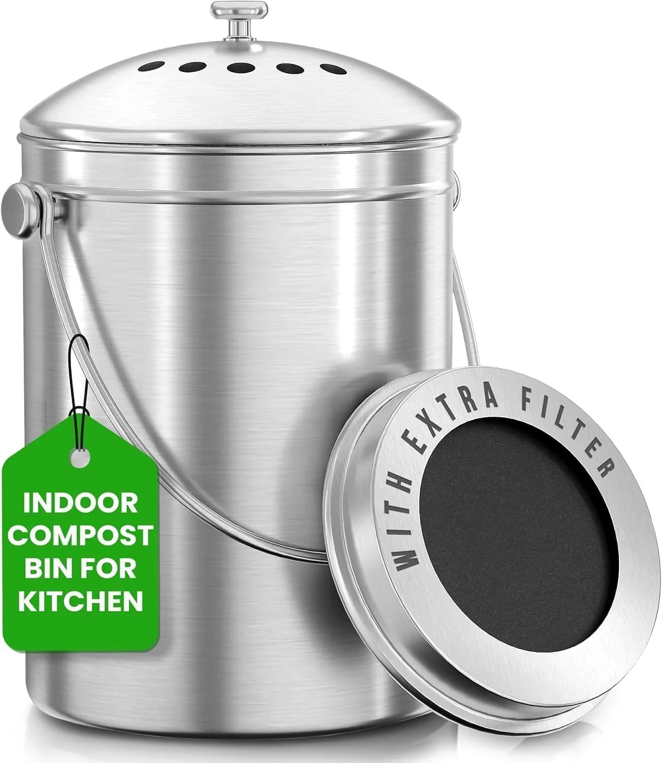 Utopia Kitchen Countertop Compost Bin 1.3 Gallon (4.92L) Stainless Steel Silver | Odorless Kitchen Waste Composter