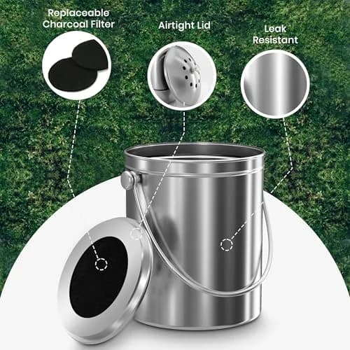 Utopia Kitchen Countertop Compost Bin 1.3 Gallon (4.92L) Stainless Steel Silver | Odorless Kitchen Waste Composter thumbnail 4