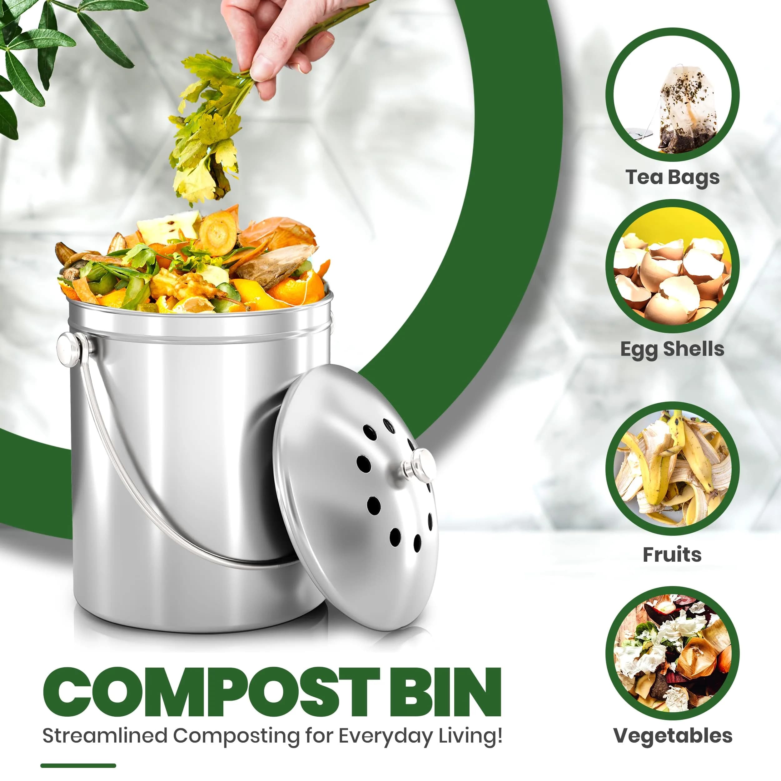 Utopia Kitchen Countertop Compost Bin 1.3 Gallon (4.92L) Stainless Steel Silver | Odorless Kitchen Waste Composter - view 3