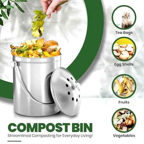 Utopia Kitchen Countertop Compost Bin 1.3 Gallon (4.92L) Stainless Steel Silver | Odorless Kitchen Waste Composter thumbnail 3