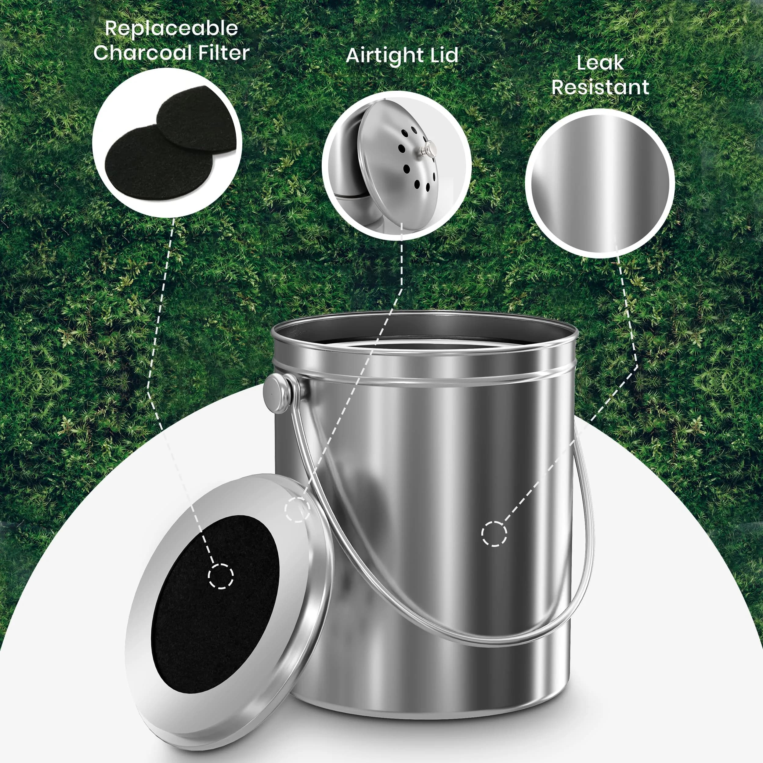 Utopia Kitchen Countertop Compost Bin 1.3 Gallon (4.92L) Stainless Steel Silver | Odorless Kitchen Waste Composter - view 4