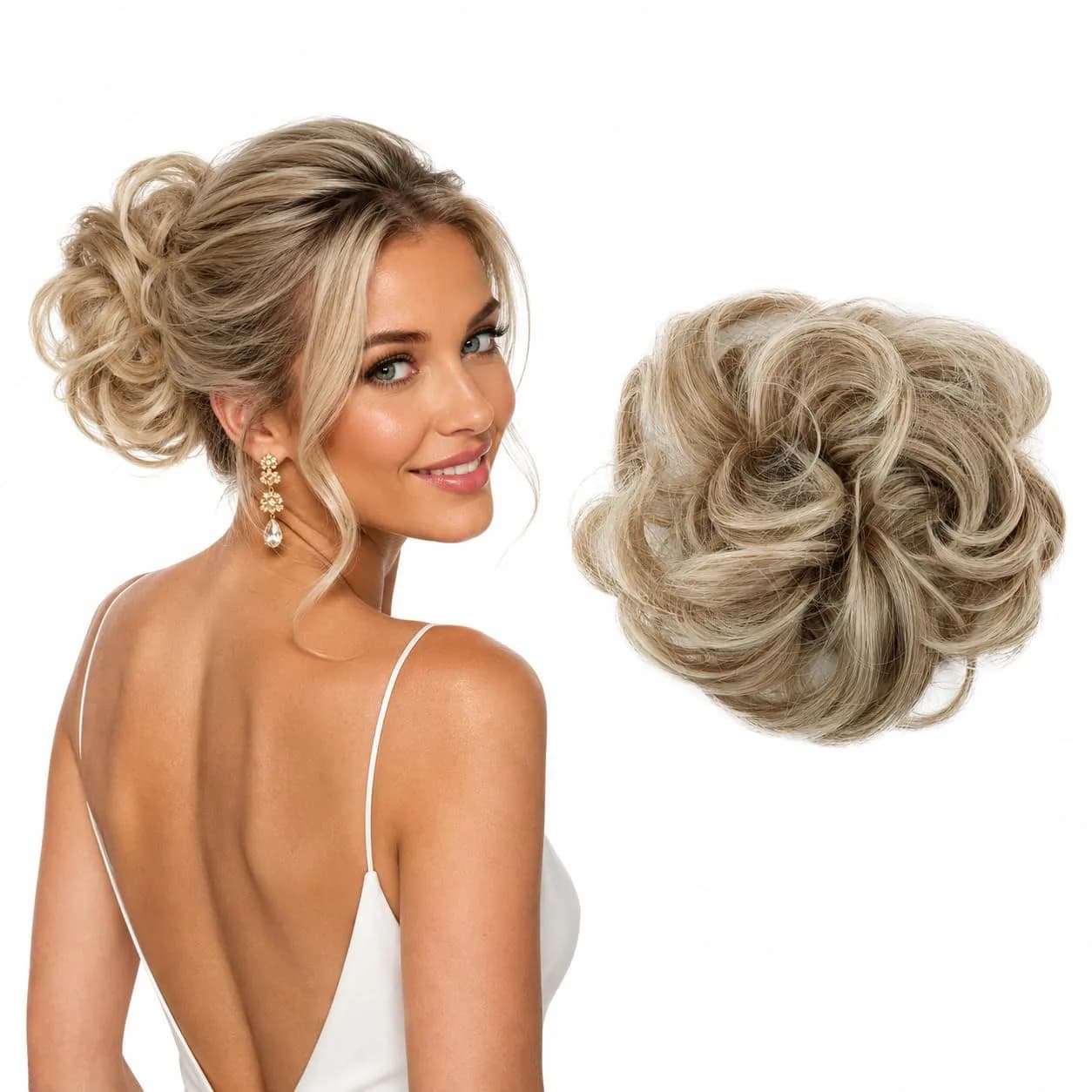 CAISHA Big Hairpiece Scrunchy Updo Bridal Hairstyle Light Blonde | Curly Messy Bun with Elastic Band