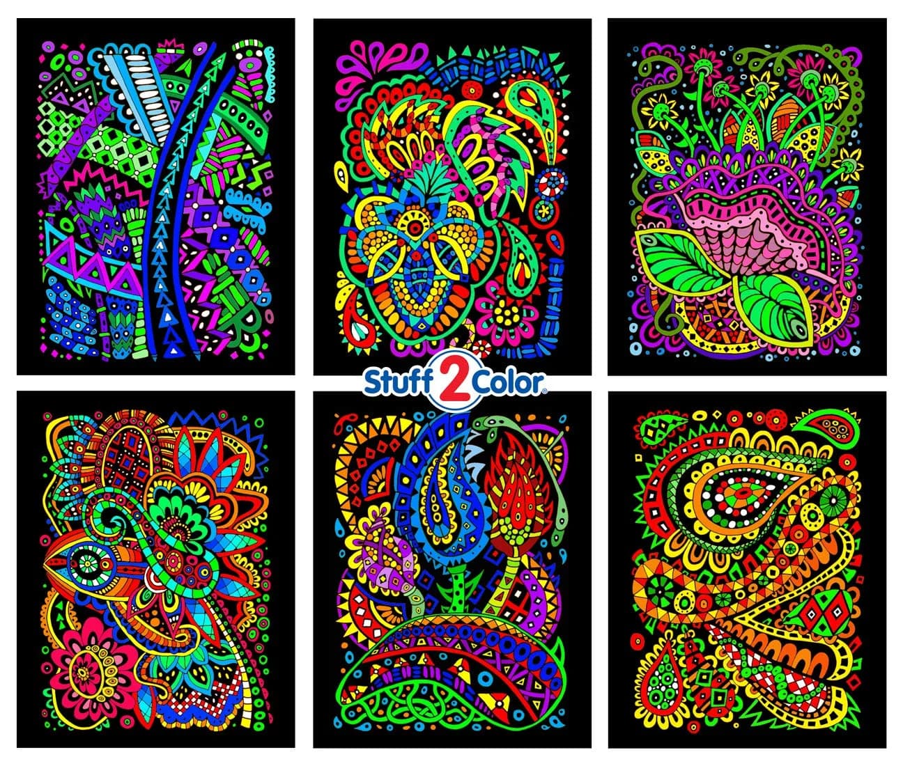 Stuff2Color Tangles - 6 Pack of Fuzzy Velvet Coloring Posters for All Ages | Stress Relief & Creative Fun