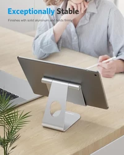 OMOTON T1 Adjustable Tablet Stand for Desk, Aluminum Holder for iPad Silver | 225° Rotatable, Multi-Angle, Anti-Slip thumbnail 4