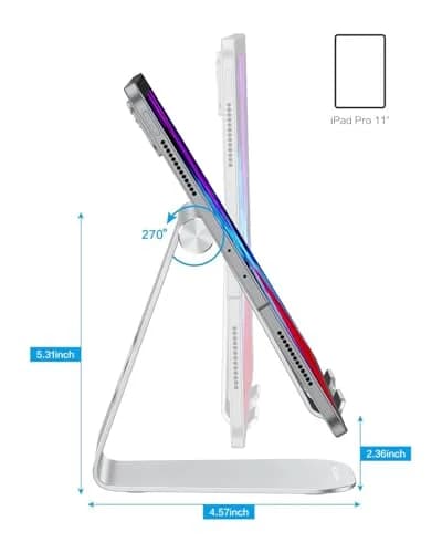 OMOTON T1 Adjustable Tablet Stand for Desk, Aluminum Holder for iPad Silver | 225° Rotatable, Multi-Angle, Anti-Slip thumbnail 6