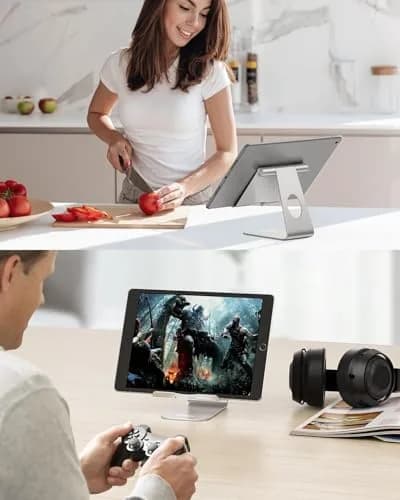 OMOTON T1 Adjustable Tablet Stand for Desk, Aluminum Holder for iPad Silver | 225° Rotatable, Multi-Angle, Anti-Slip thumbnail 9