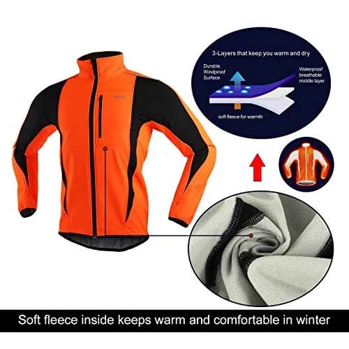 ARSUXEO Winter Cycling Jacket for Men, Fleece-Lined Softshell Orange S | Windproof & Breathable thumbnail 3
