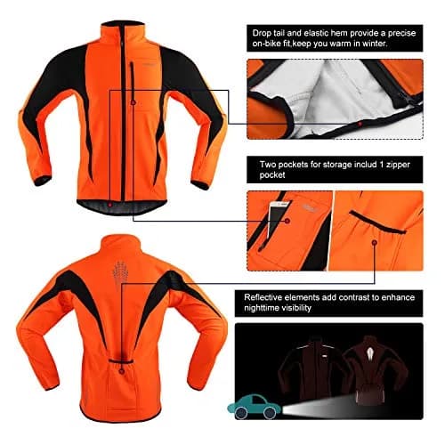 ARSUXEO Winter Cycling Jacket for Men, Fleece-Lined Softshell Orange M | Windproof & Water-Resistant thumbnail 4